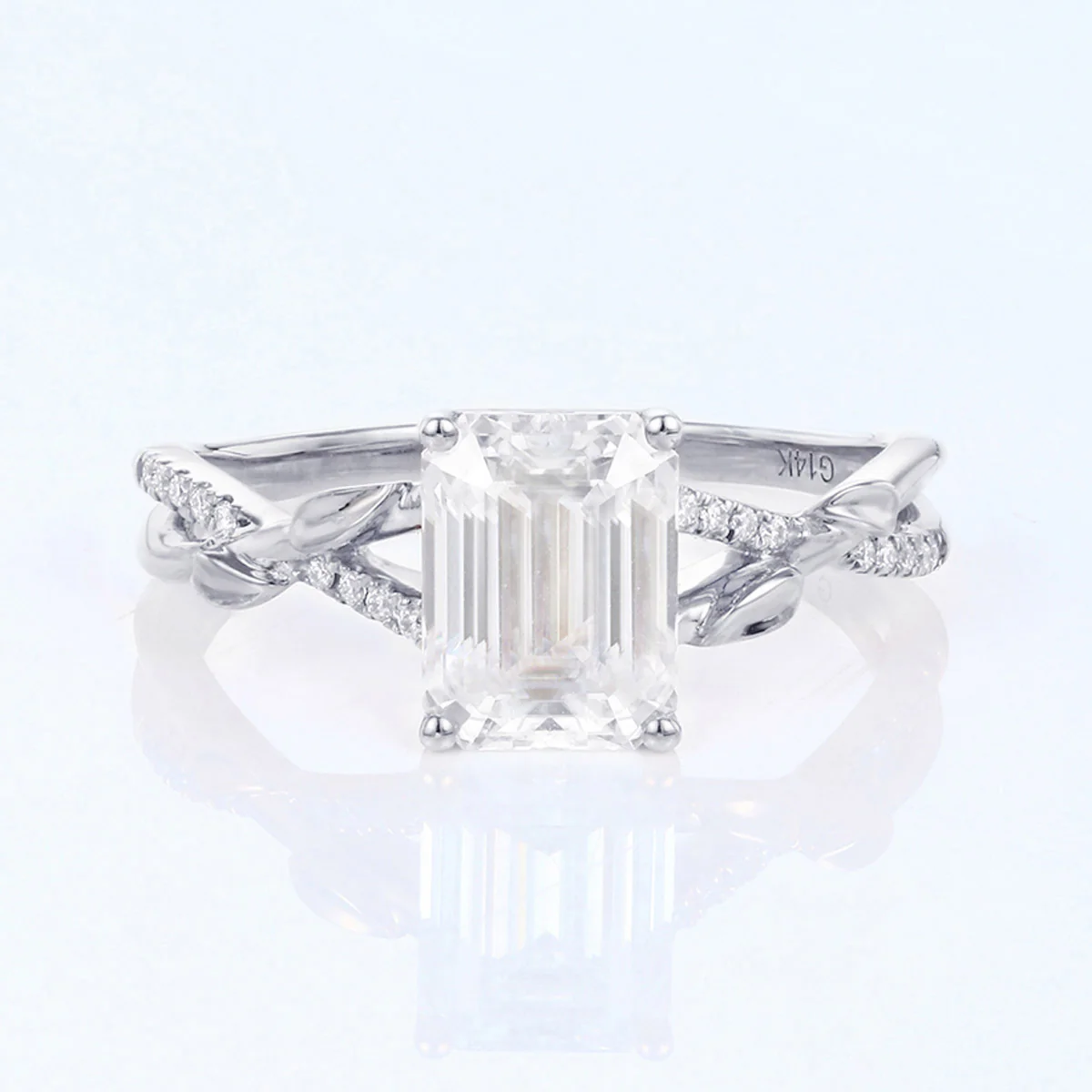 Nature Inspired Emerald cut Moissanite Leaf Gold Engagement Ring - Image 7