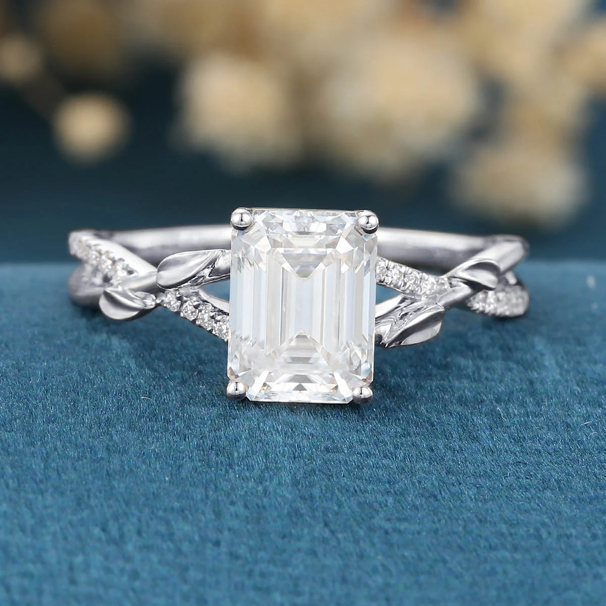 Nature Inspired Emerald cut Moissanite Leaf Gold Engagement Ring - Image 8