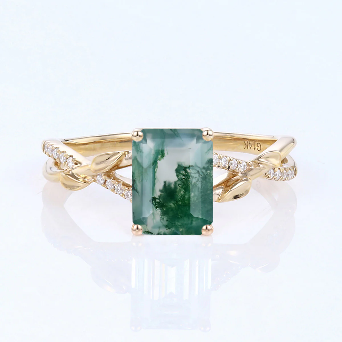 Nature Inspired Emerald cut Moss Agate Leaf Gold Engagement Ring - Image 10