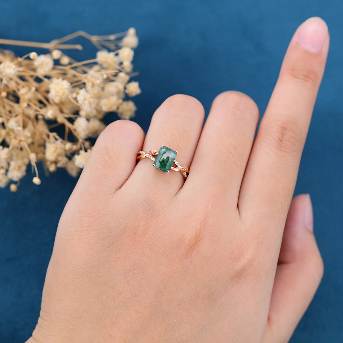 Nature Inspired Emerald cut Moss Agate Leaf Gold Engagement Ring - Image 2