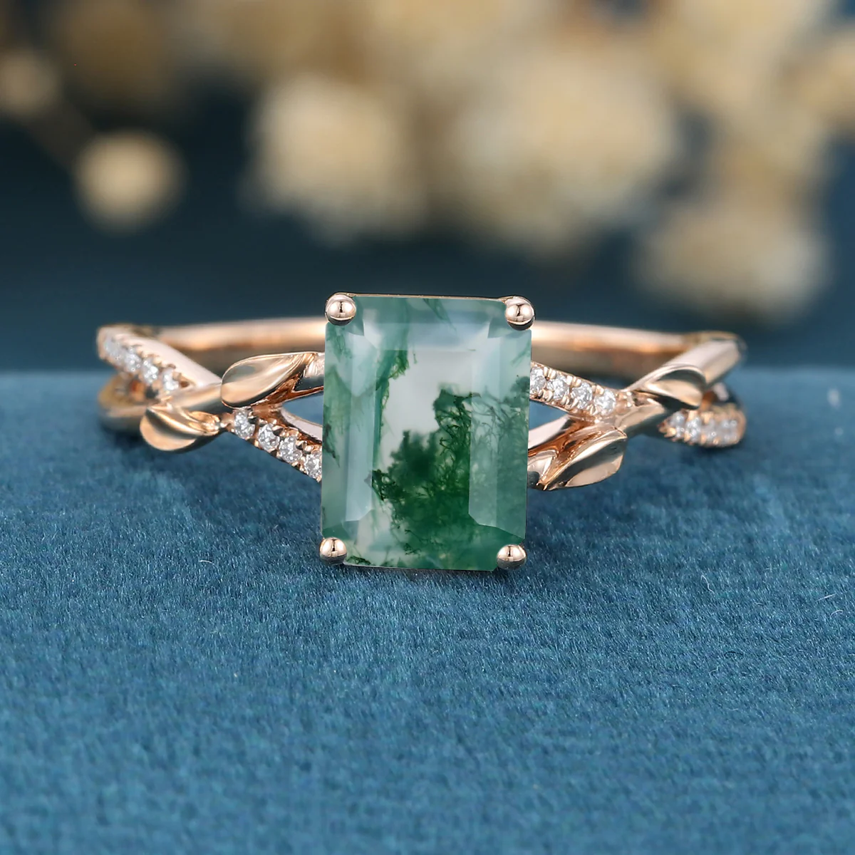 Nature Inspired Emerald cut Moss Agate Leaf Gold Engagement Ring - Image 3