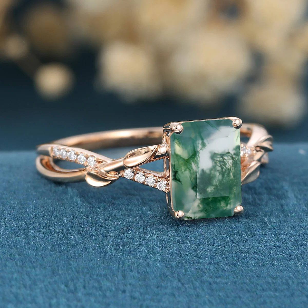 Nature Inspired Emerald cut Moss Agate Leaf Gold Engagement Ring - Image 4