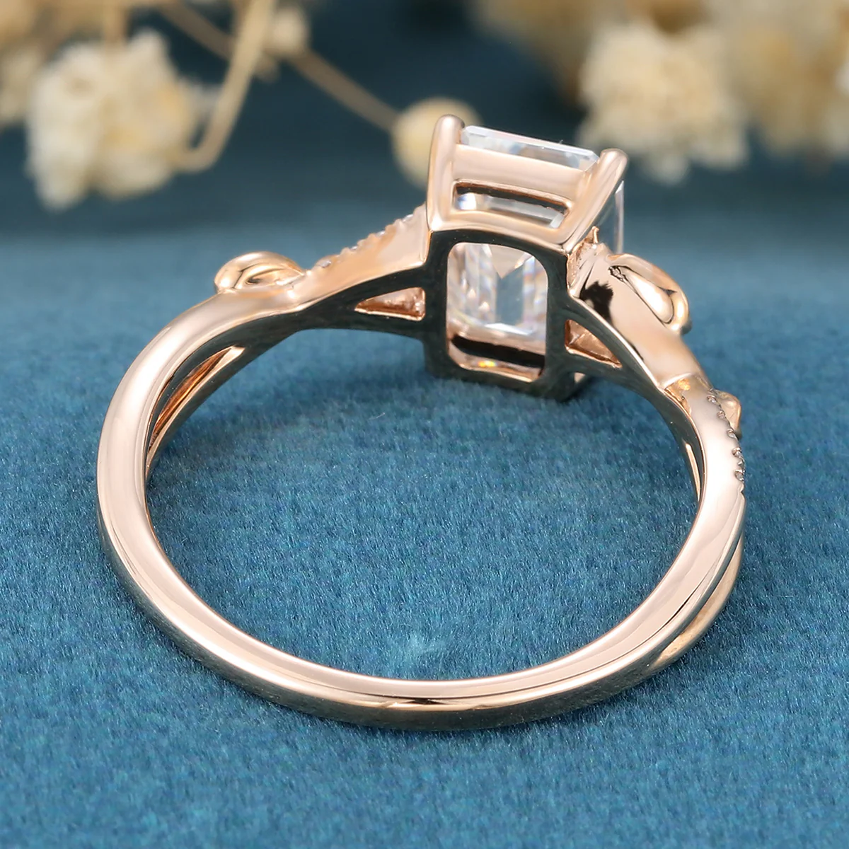 Nature Inspired Emerald cut Moss Agate Leaf Gold Engagement Ring - Image 5