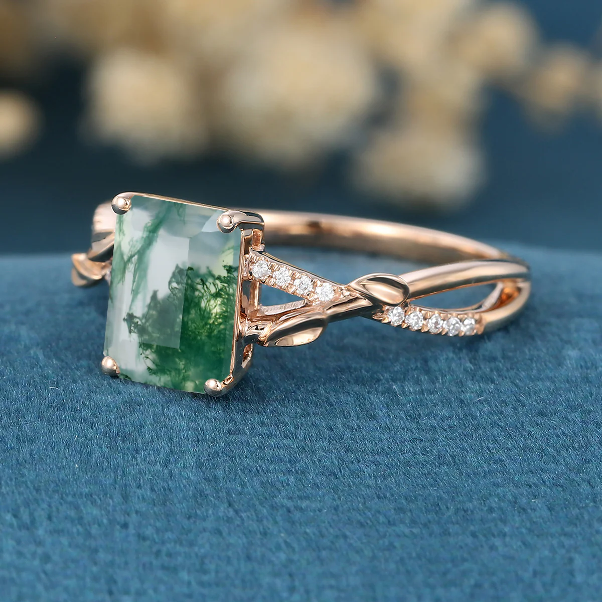 Nature Inspired Emerald cut Moss Agate Leaf Gold Engagement Ring - Image 6