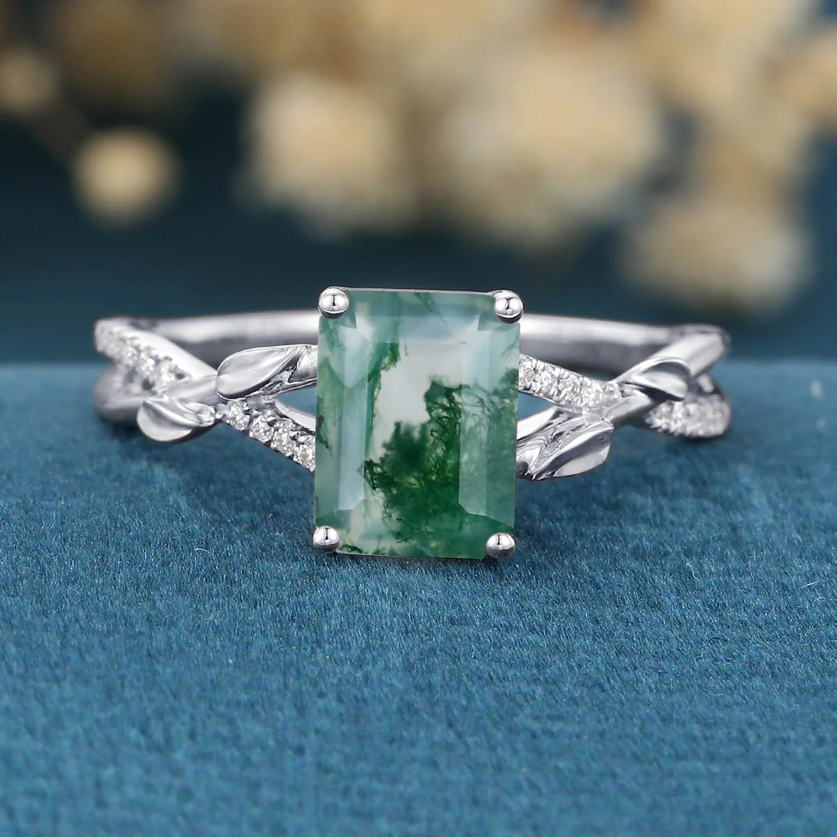 Nature Inspired Emerald cut Moss Agate Leaf Gold Engagement Ring - Image 7