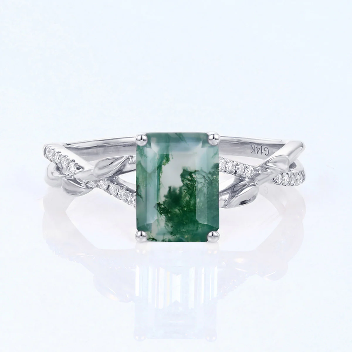 Nature Inspired Emerald cut Moss Agate Leaf Gold Engagement Ring - Image 8
