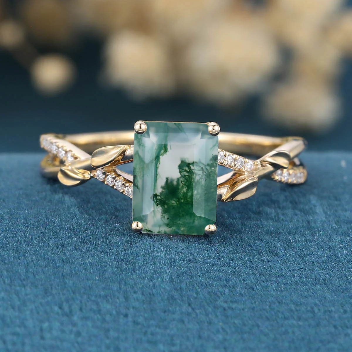 Nature Inspired Emerald cut Moss Agate Leaf Gold Engagement Ring - Image 9