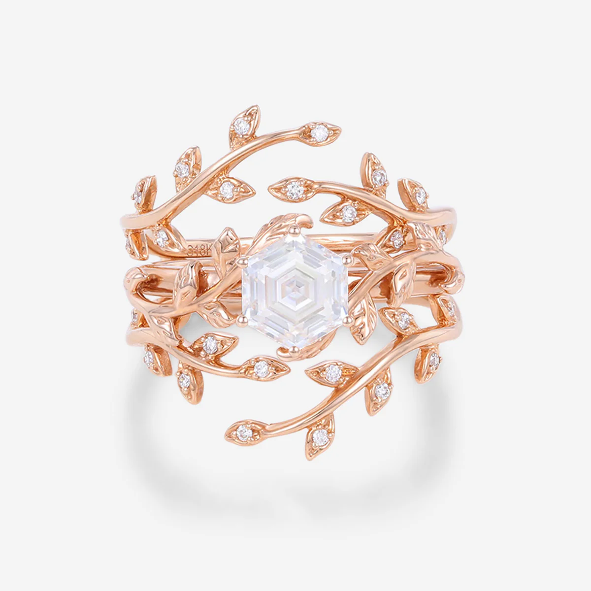 Nature Inspired Hexagon cut Moissanite Leaf Gold ring set