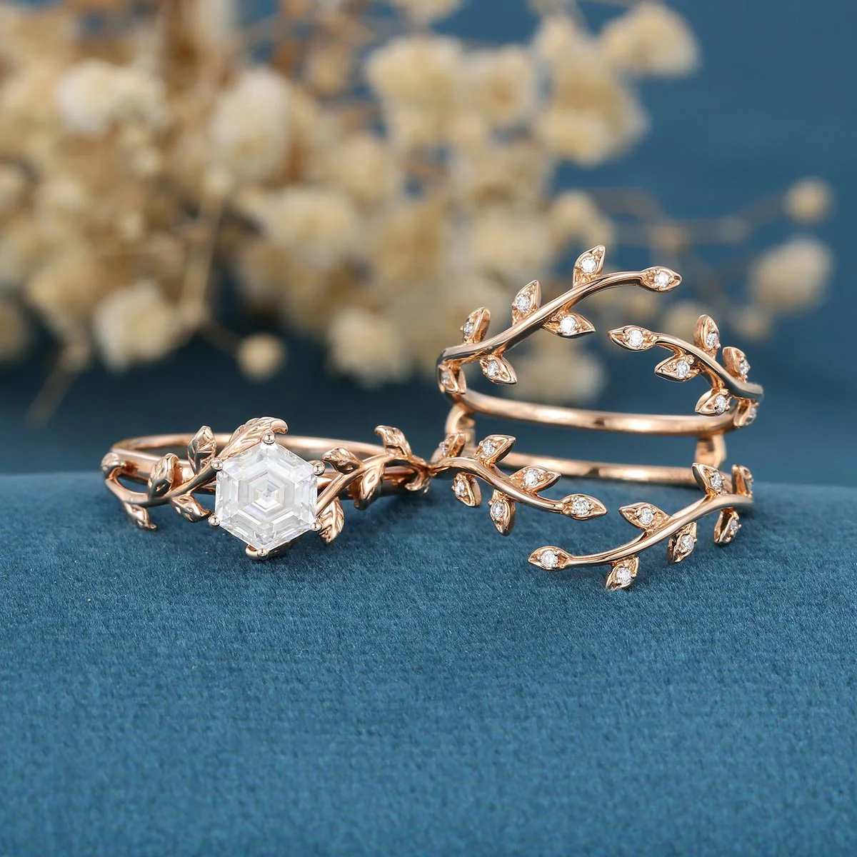 Nature Inspired Hexagon cut Moissanite Leaf Gold ring set - Image 3