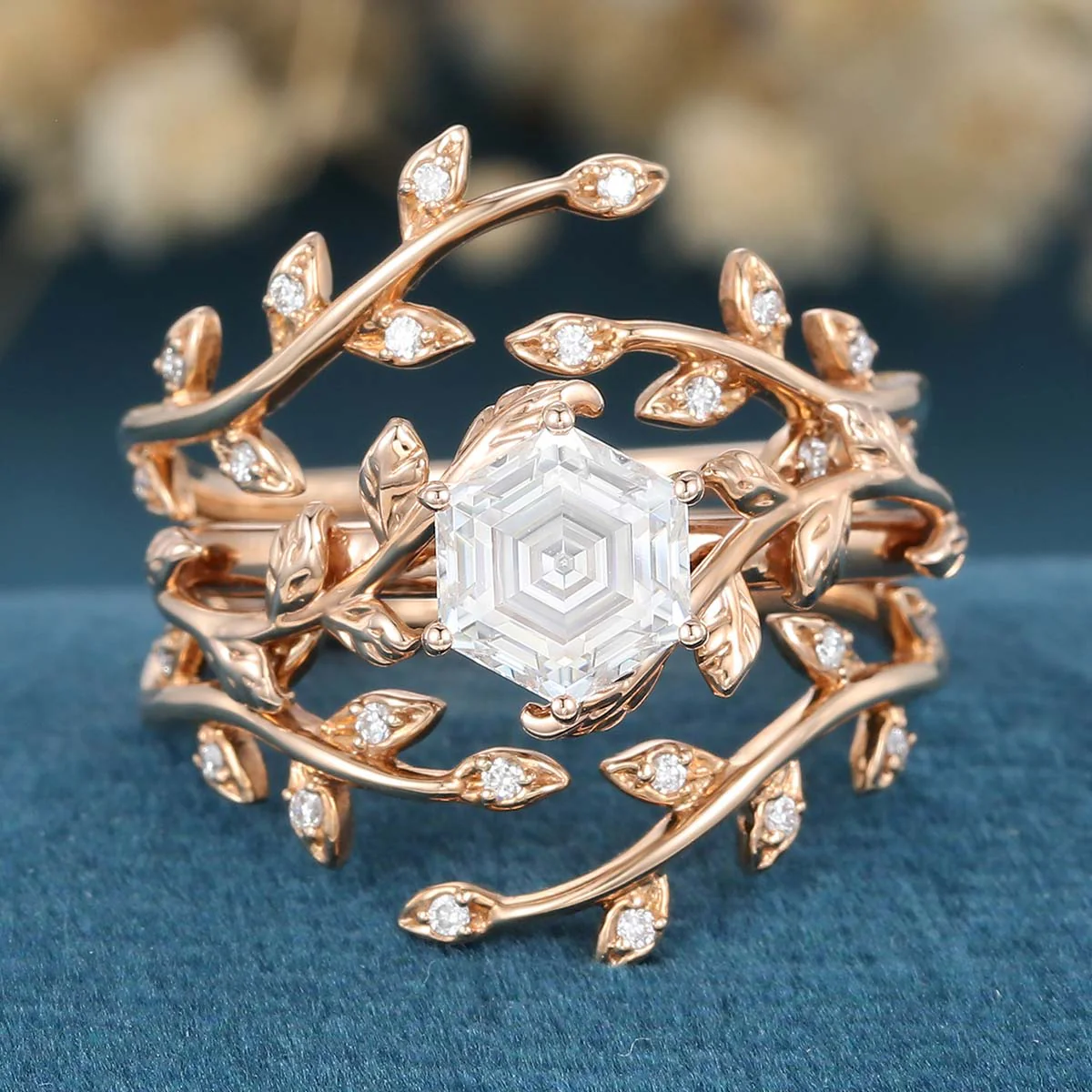 Nature Inspired Hexagon cut Moissanite Leaf Gold ring set - Image 4