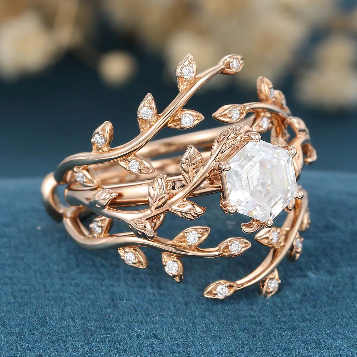 Nature Inspired Hexagon cut Moissanite Leaf Gold ring set - Image 5