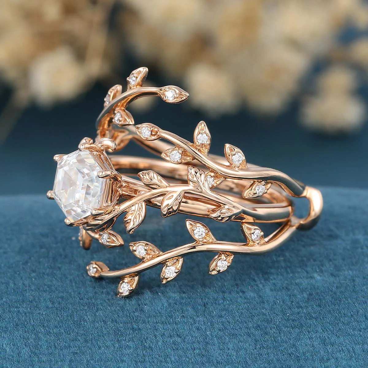 Nature Inspired Hexagon cut Moissanite Leaf Gold ring set - Image 6