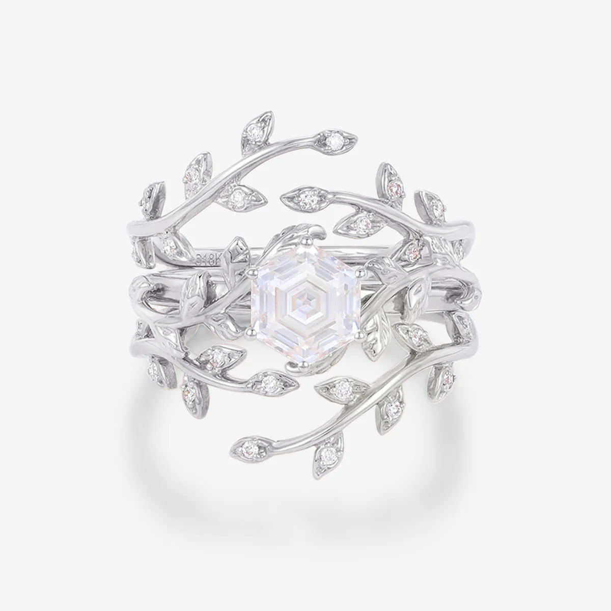 Nature Inspired Hexagon cut Moissanite Leaf Gold ring set - Image 7