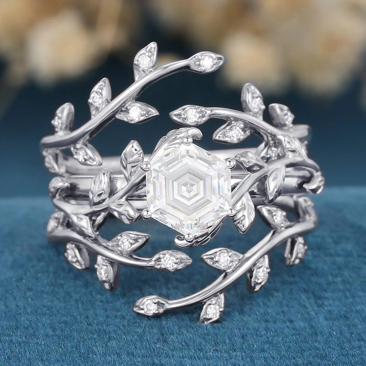 Nature Inspired Hexagon cut Moissanite Leaf Gold ring set - Image 8