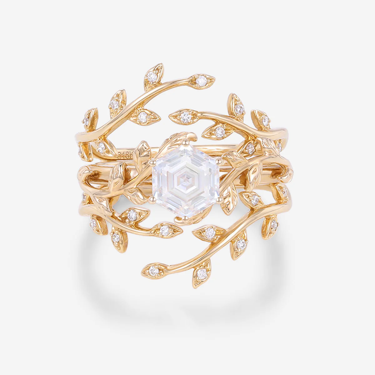 Nature Inspired Hexagon cut Moissanite Leaf Gold ring set - Image 9