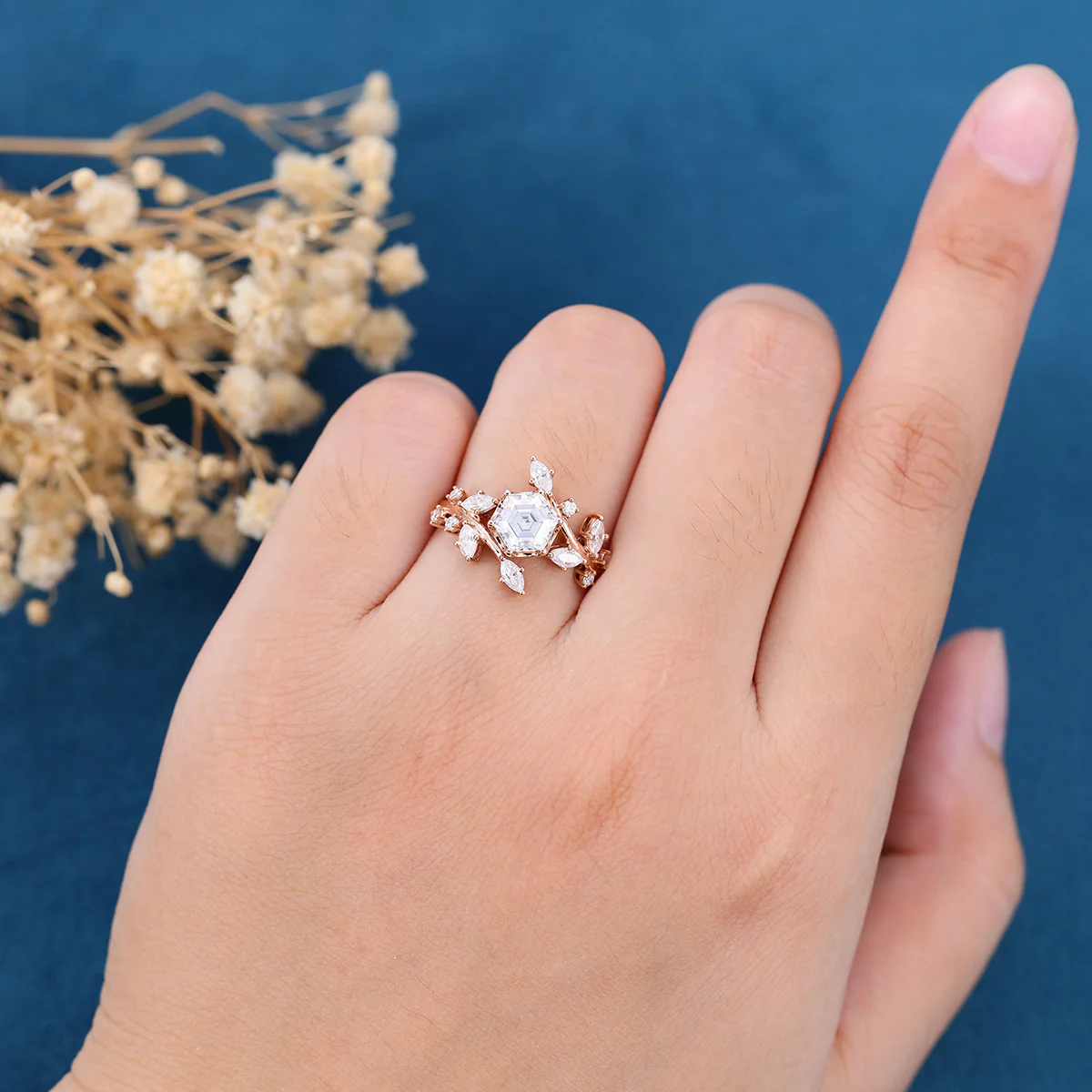 Nature Inspired Hexagon cut Moissanite  Leaf Engagement Ring - Image 2