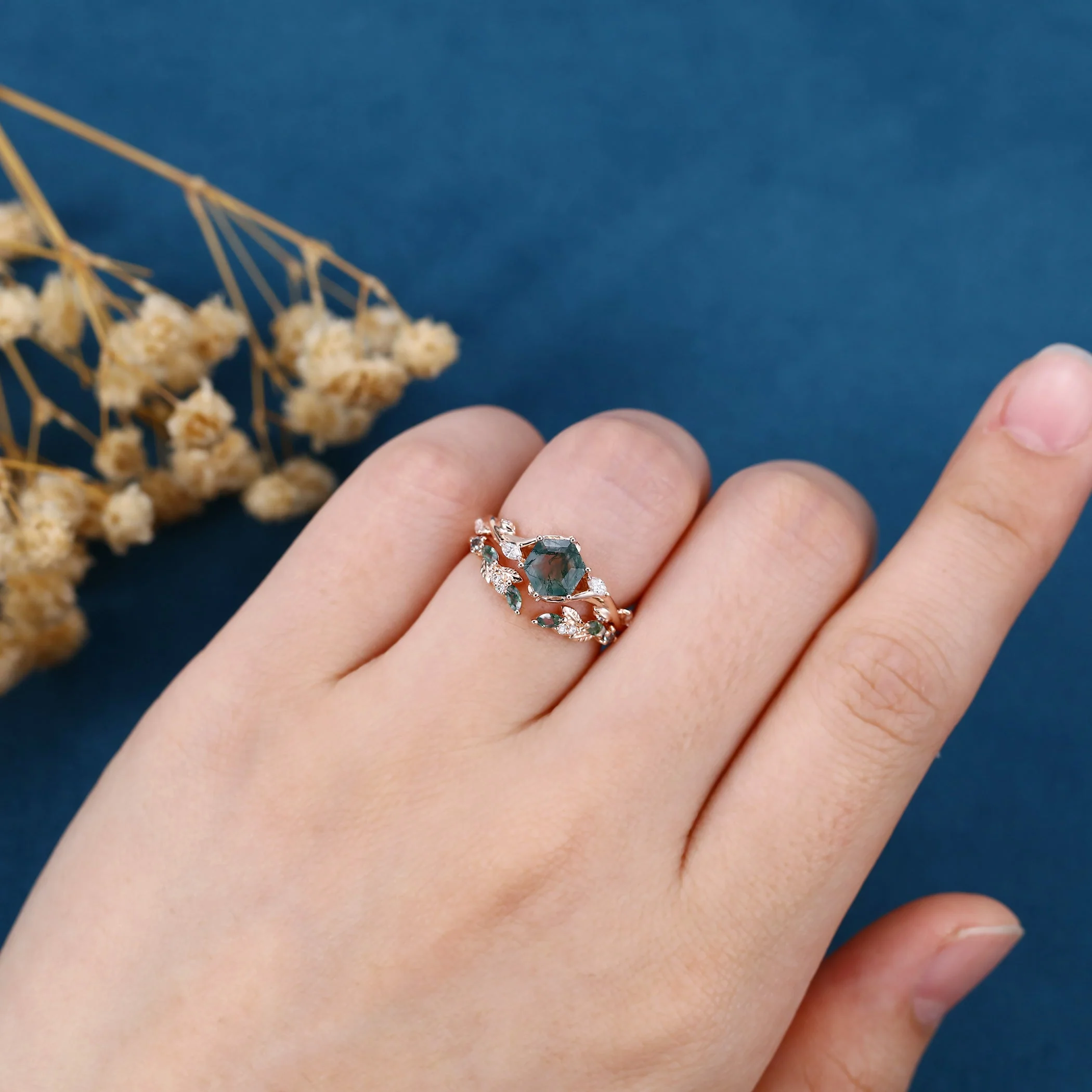 Nature Inspired Hexagon Cut Moss Agate Engagement Ring set - Image 2