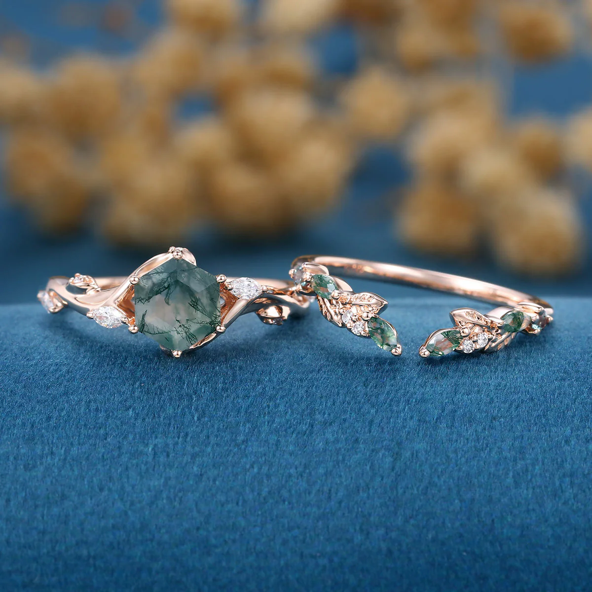 Nature Inspired Hexagon Cut Moss Agate Engagement Ring set - Image 3