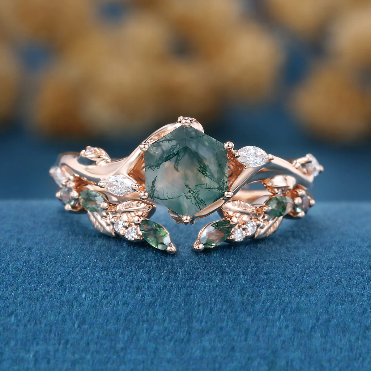 Nature Inspired Hexagon Cut Moss Agate Engagement Ring set - Image 4