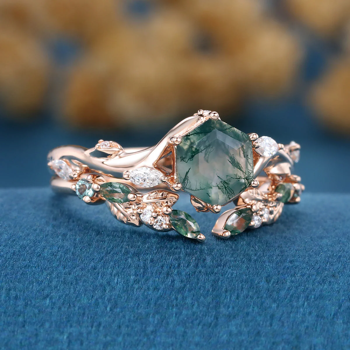 Nature Inspired Hexagon Cut Moss Agate Engagement Ring set - Image 5