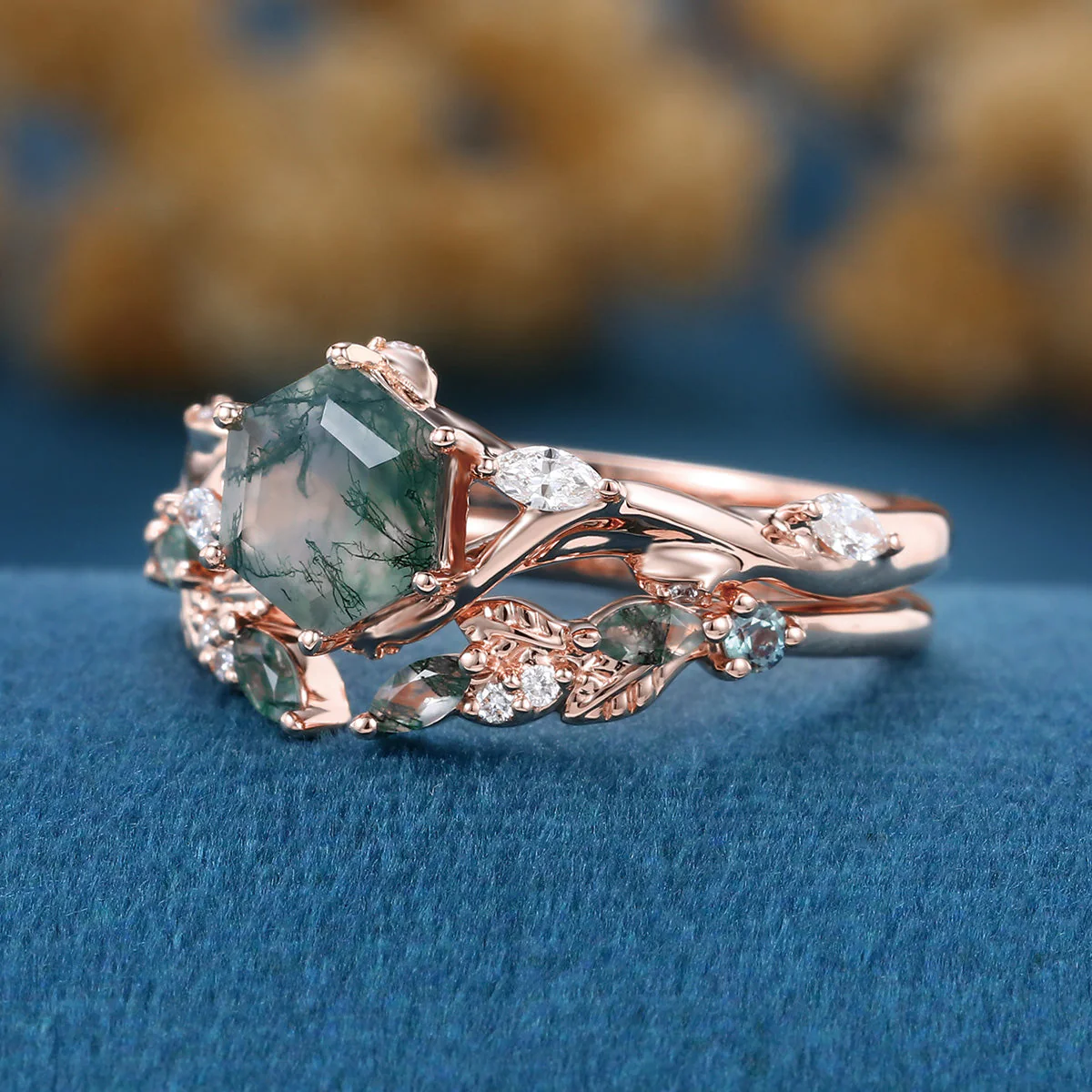 Nature Inspired Hexagon Cut Moss Agate Engagement Ring set - Image 6