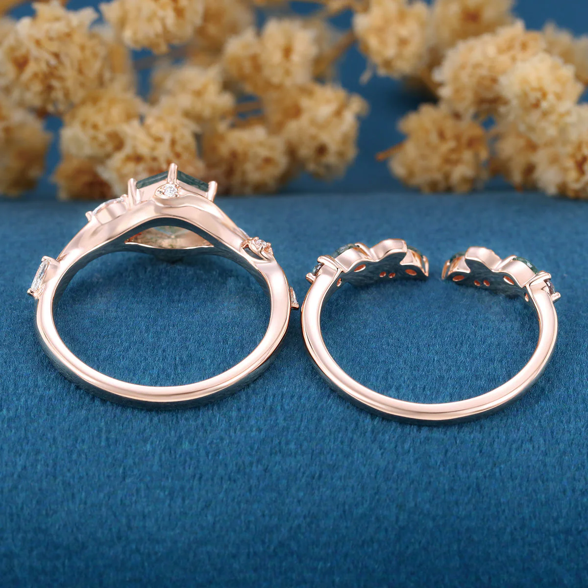 Nature Inspired Hexagon Cut Moss Agate Engagement Ring set - Image 7