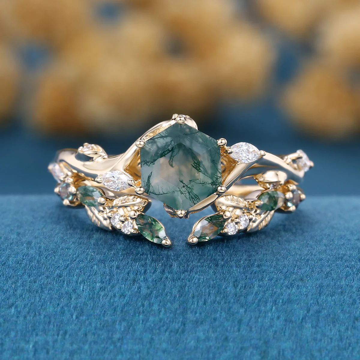 Nature Inspired Hexagon Cut Moss Agate Engagement Ring set - Image 8