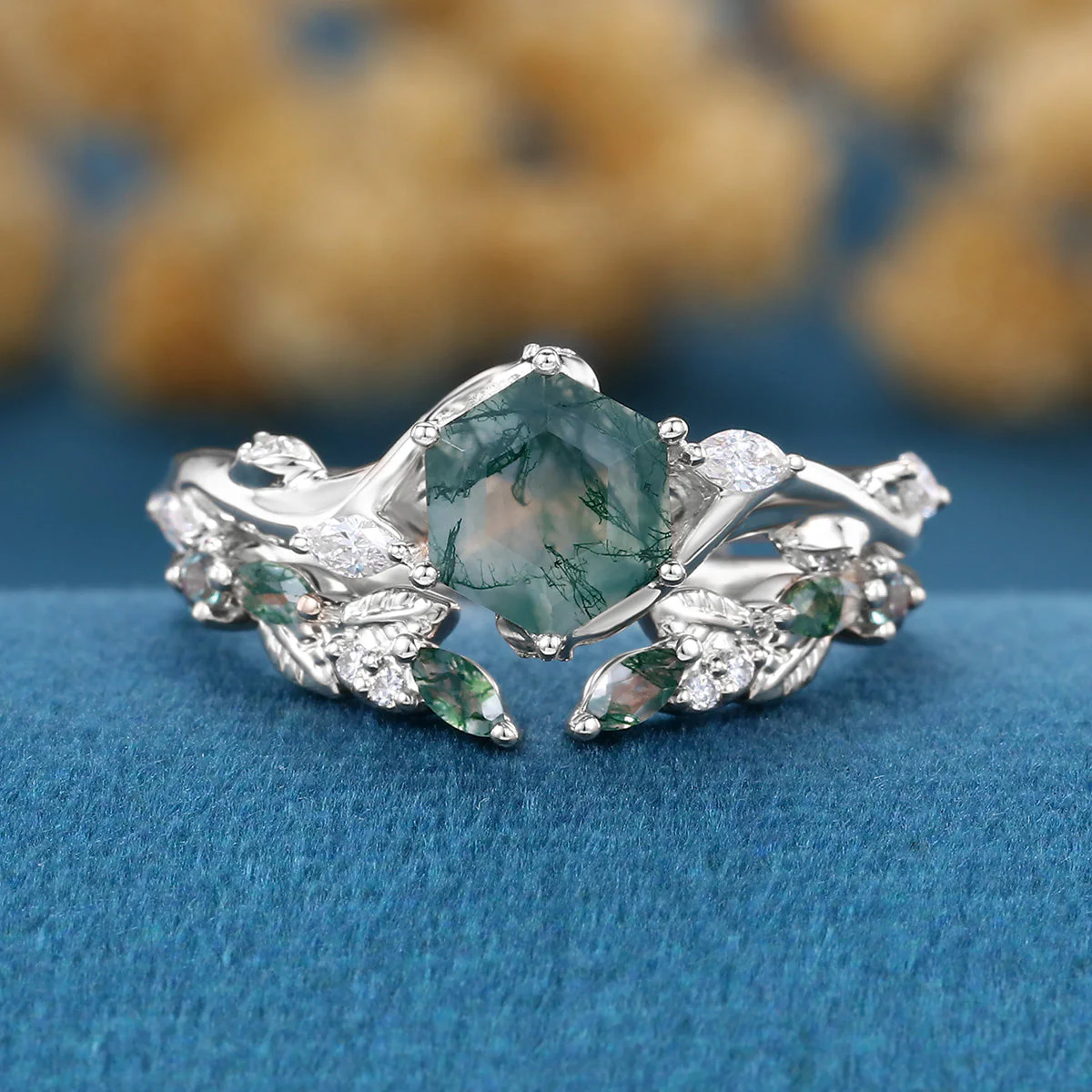 Nature Inspired Hexagon Cut Moss Agate Engagement Ring set - Image 9