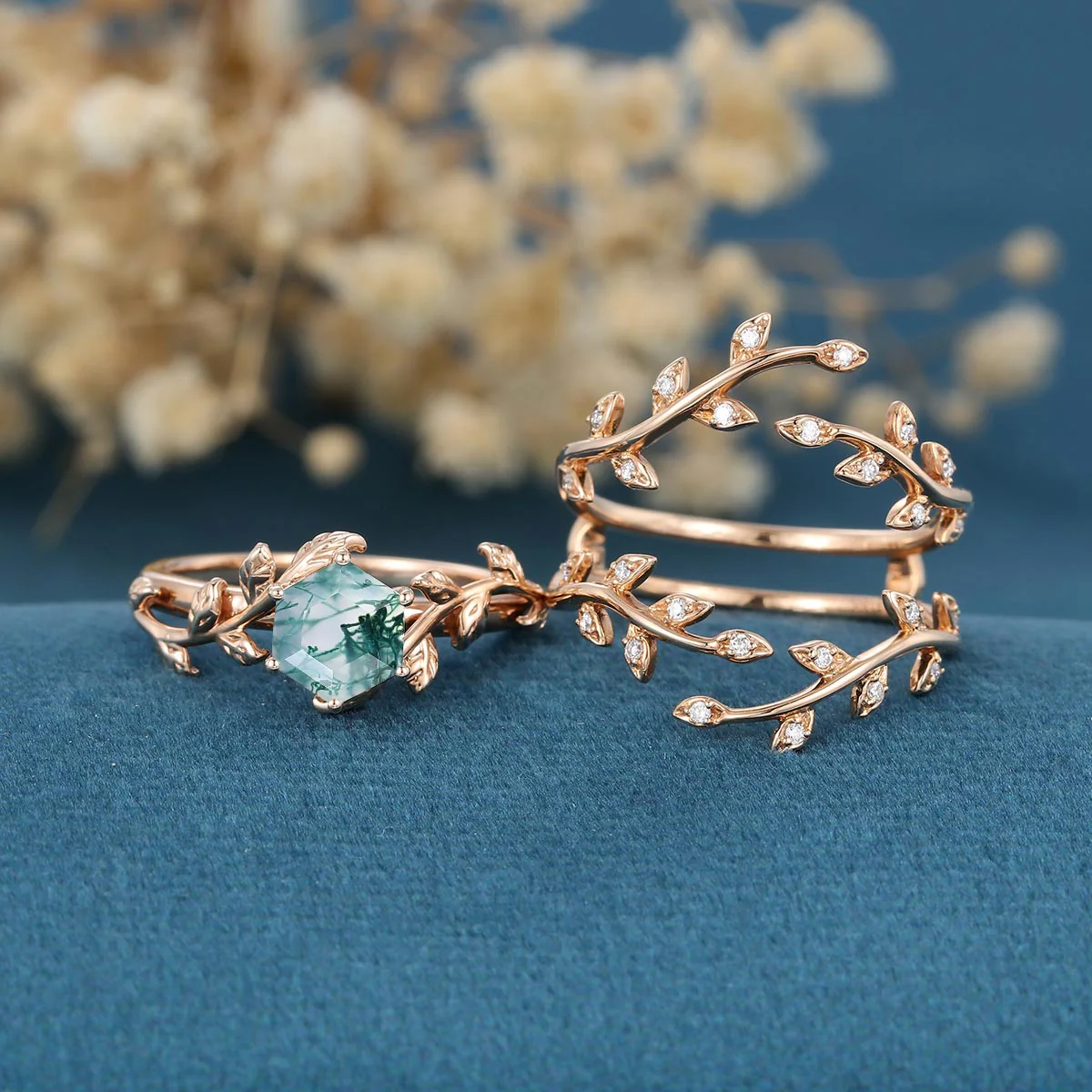 Nature Inspired Hexagon cut Moss Agate Leaf Gold ring set - Image 4