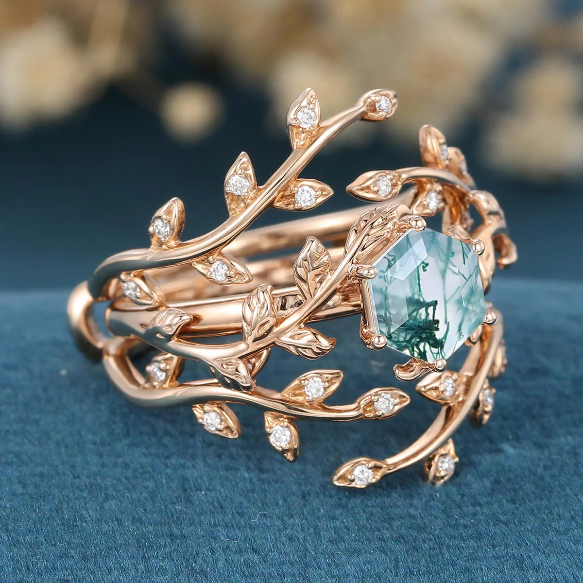 Nature Inspired Hexagon cut Moss Agate Leaf Gold ring set - Image 5
