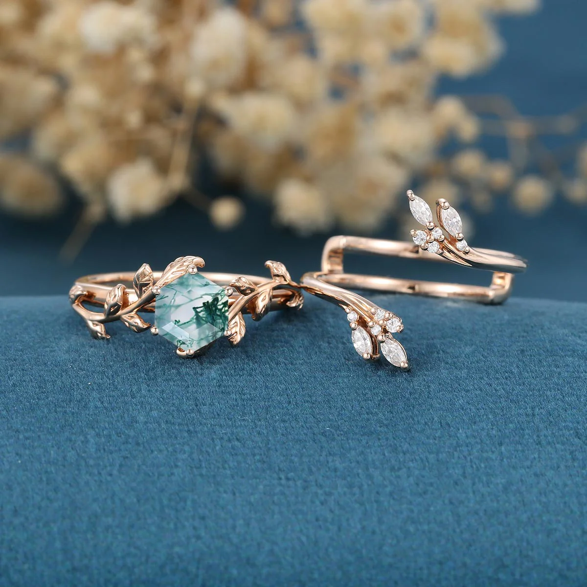 Nature Inspired Hexagon cut Moss Agate Leaf Gold ring set - Image 3