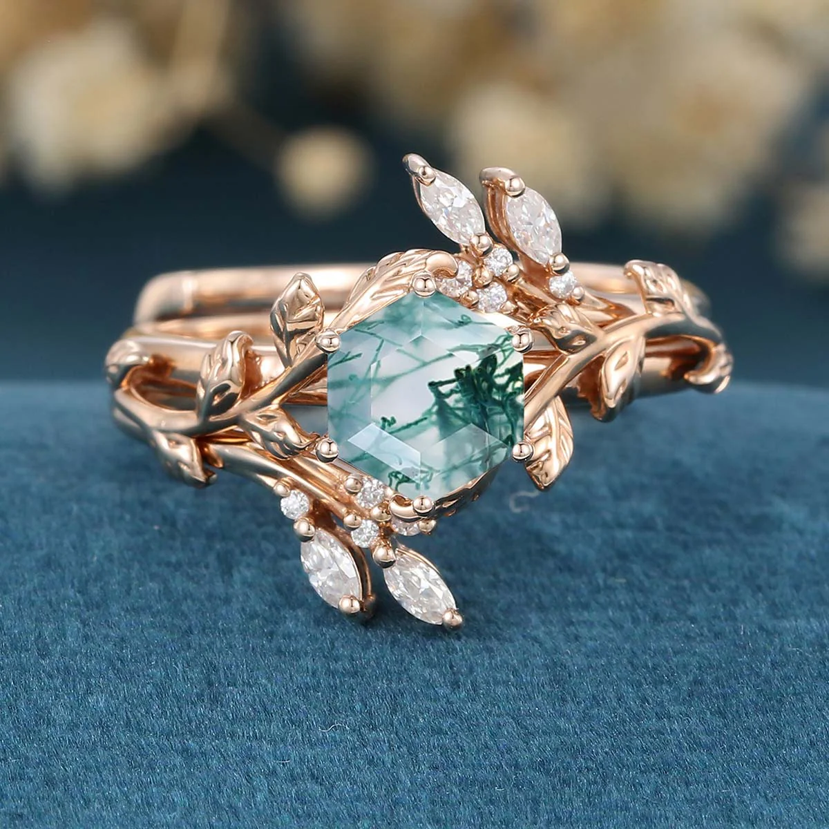 Nature Inspired Hexagon cut Moss Agate Leaf Gold ring set - Image 4