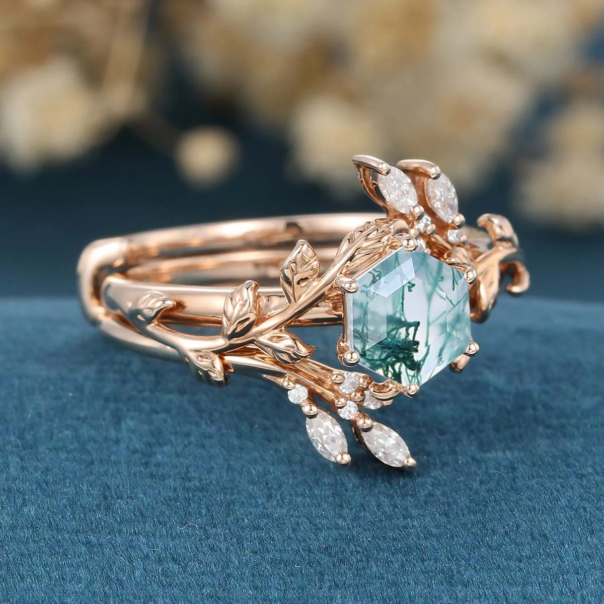 Nature Inspired Hexagon cut Moss Agate Leaf Gold ring set - Image 5