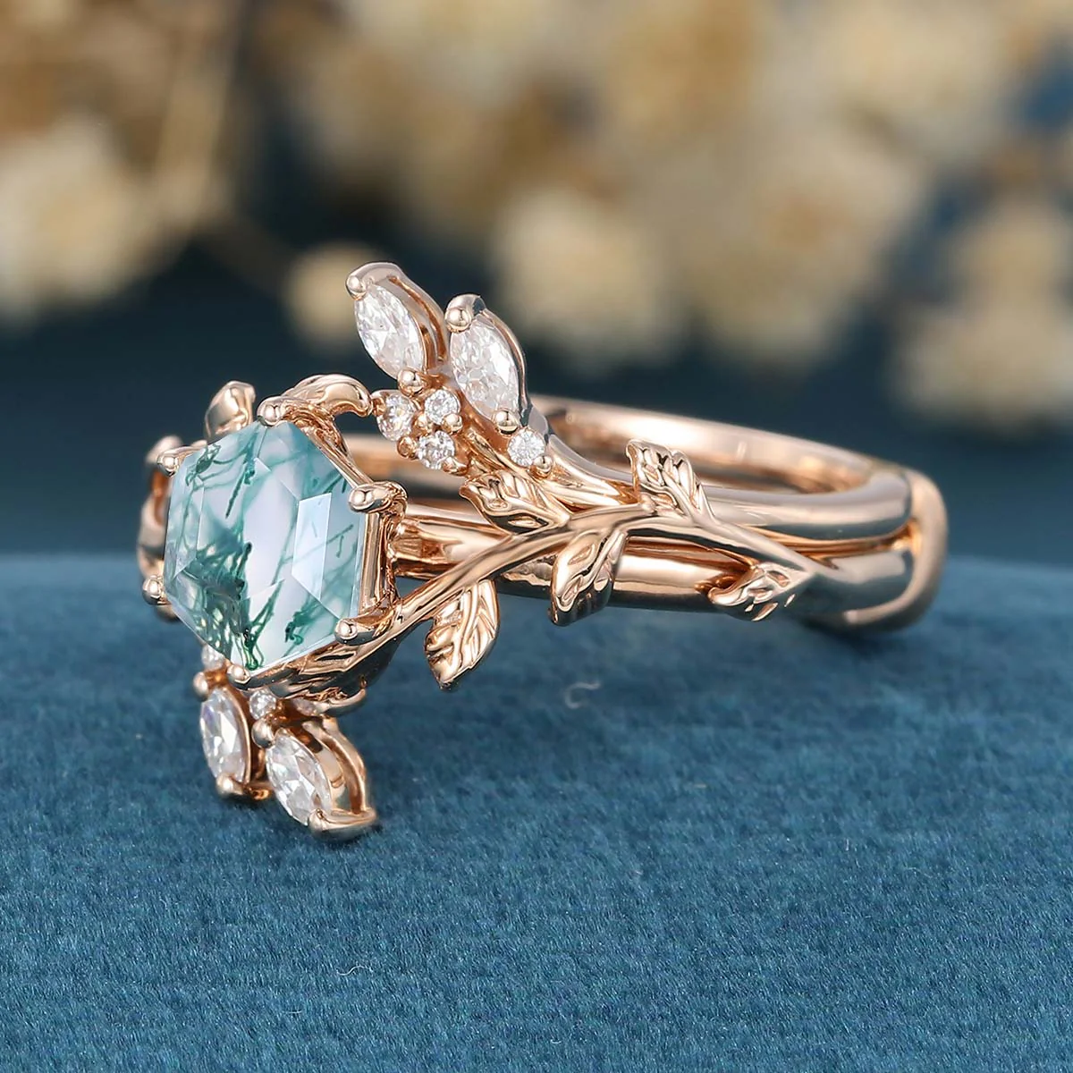 Nature Inspired Hexagon cut Moss Agate Leaf Gold ring set - Image 6