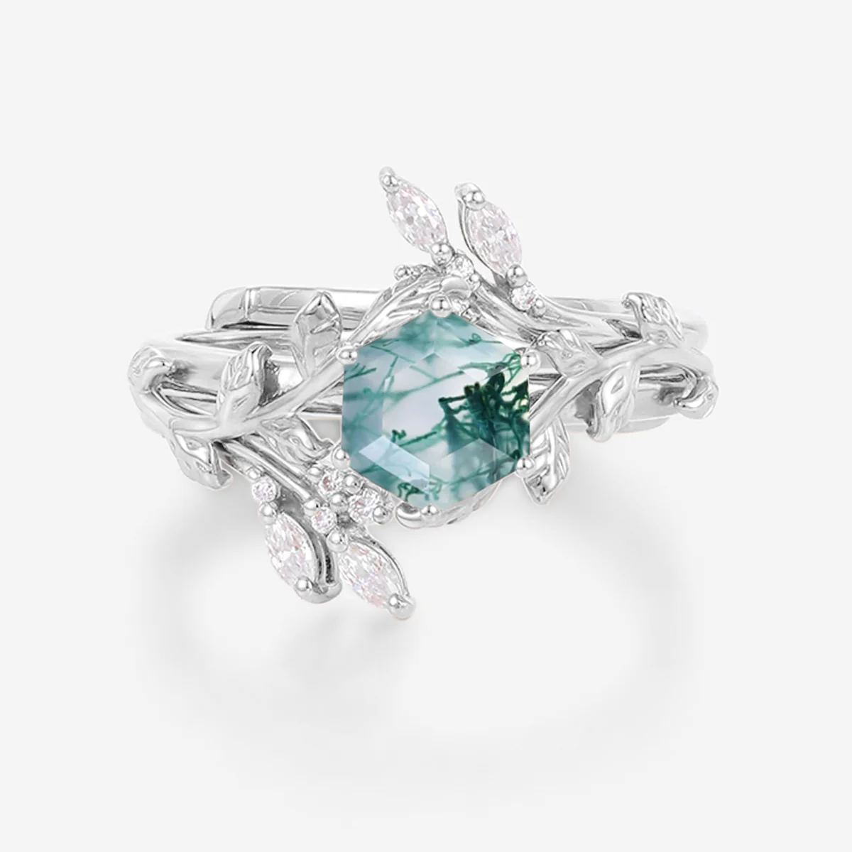 Nature Inspired Hexagon cut Moss Agate Leaf Gold ring set - Image 7