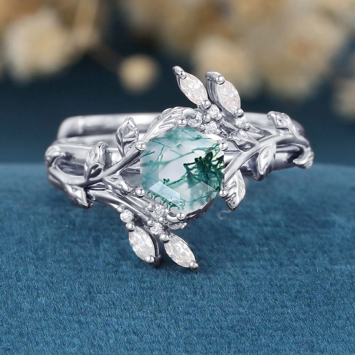 Nature Inspired Hexagon cut Moss Agate Leaf Gold ring set - Image 8