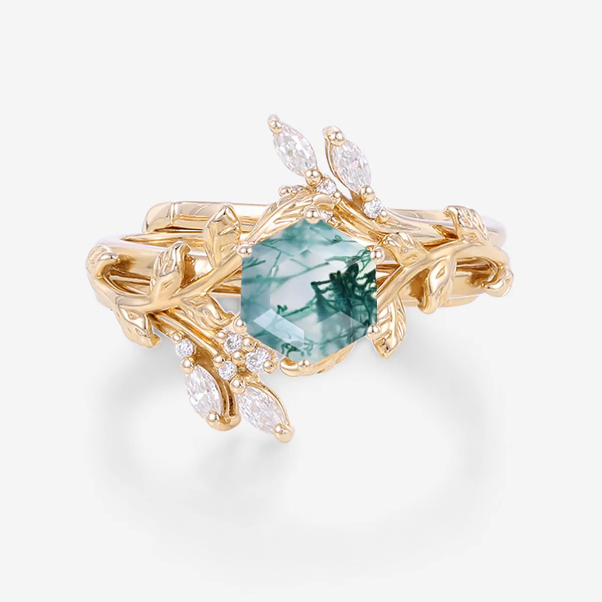 Nature Inspired Hexagon cut Moss Agate Leaf Gold ring set - Image 9