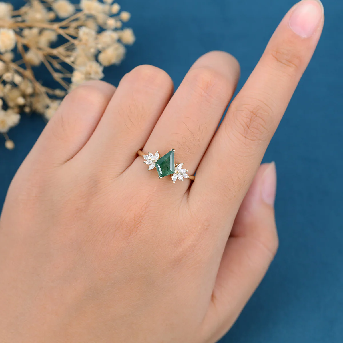 Nature Inspired Kite cut Moss Agate Cluster Engagement ring - Image 2