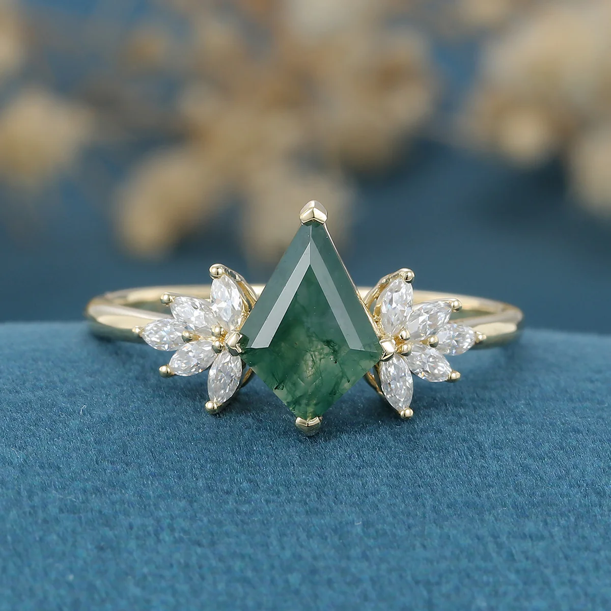 Nature Inspired Kite cut Moss Agate Cluster Engagement ring - Image 3