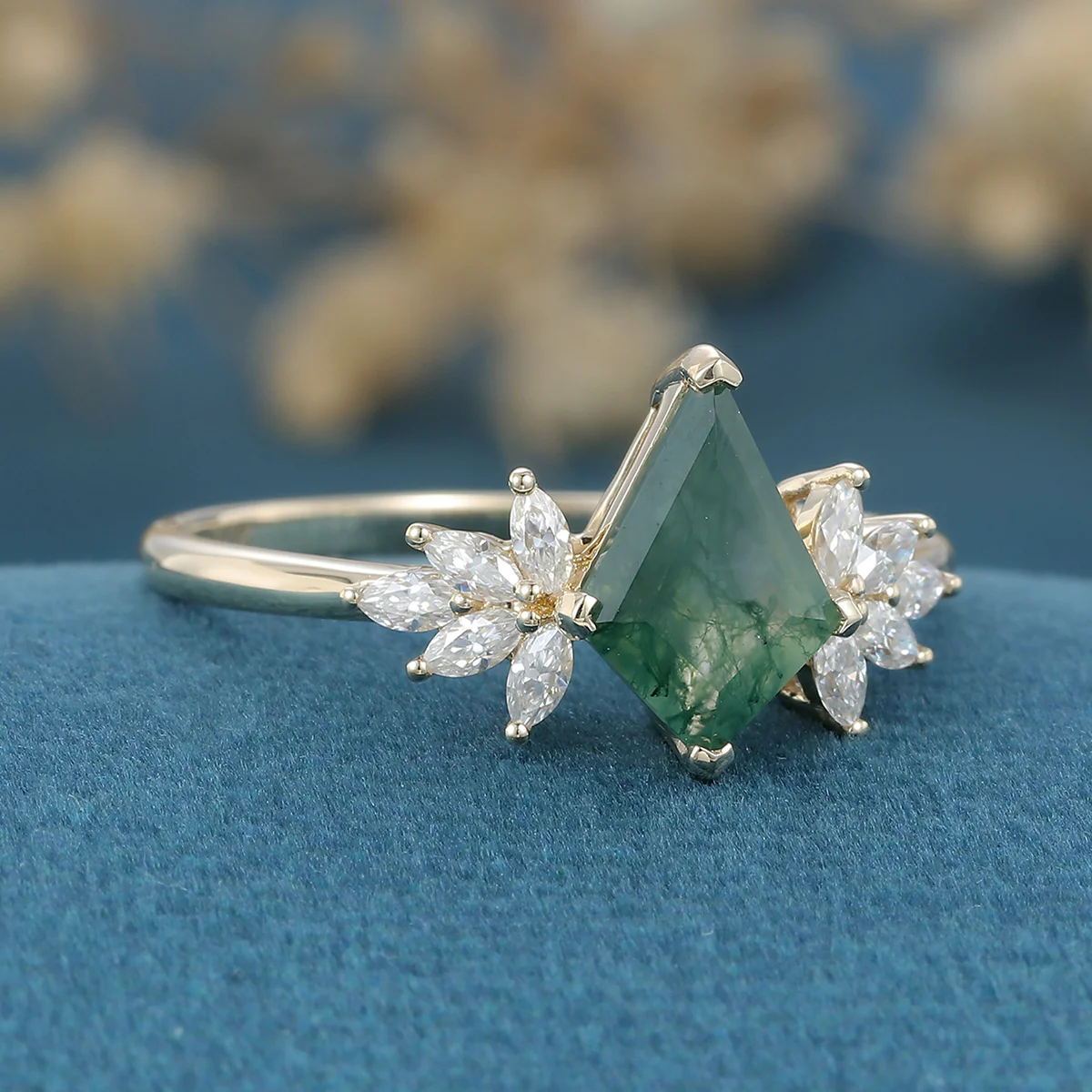 Nature Inspired Kite cut Moss Agate Cluster Engagement ring - Image 4
