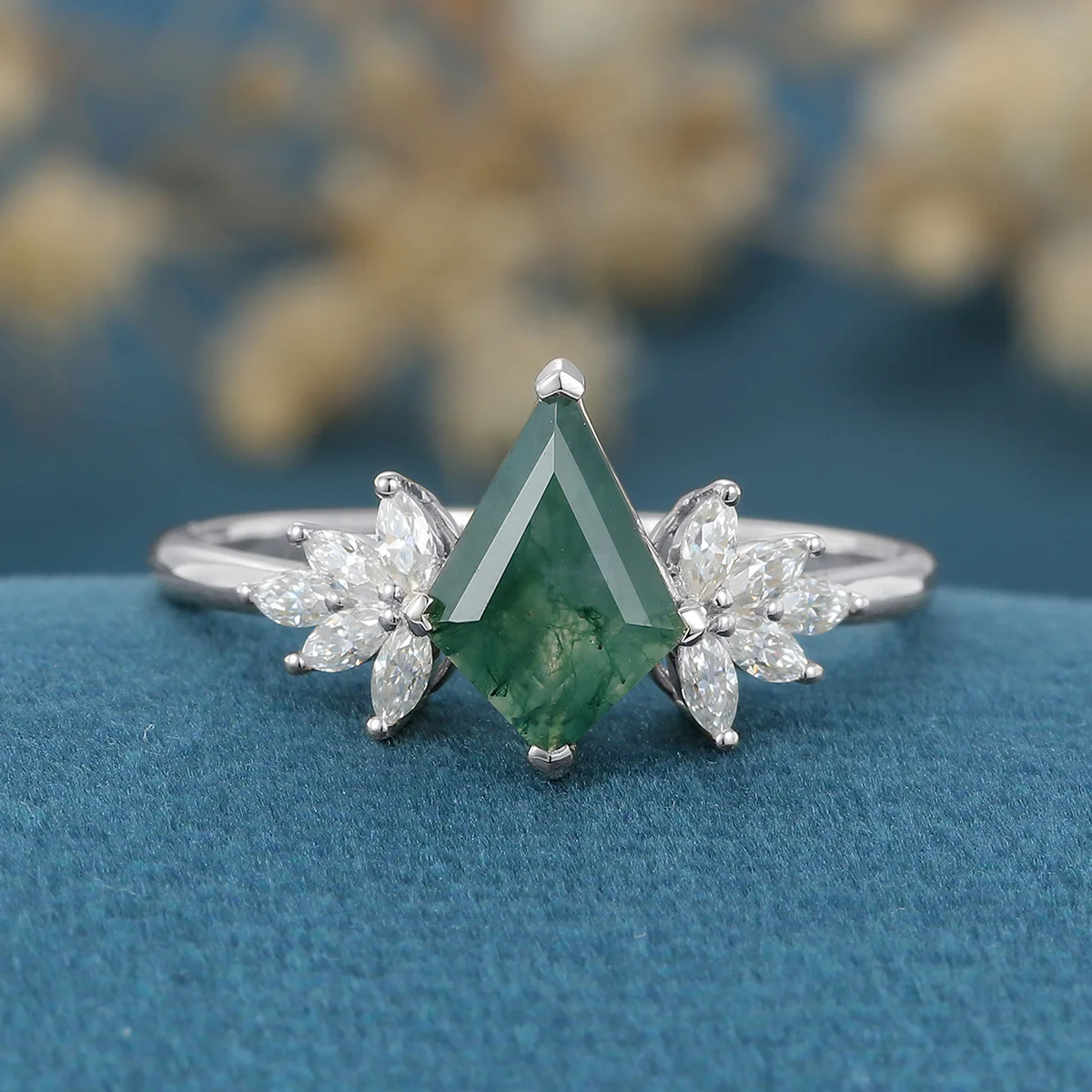 Nature Inspired Kite cut Moss Agate Cluster Engagement ring - Image 7