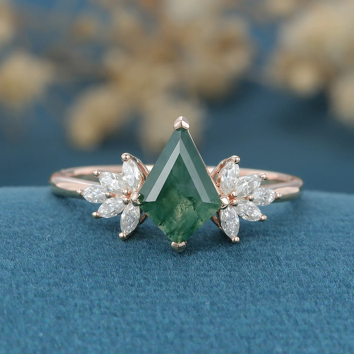 Nature Inspired Kite cut Moss Agate Cluster Engagement ring - Image 8
