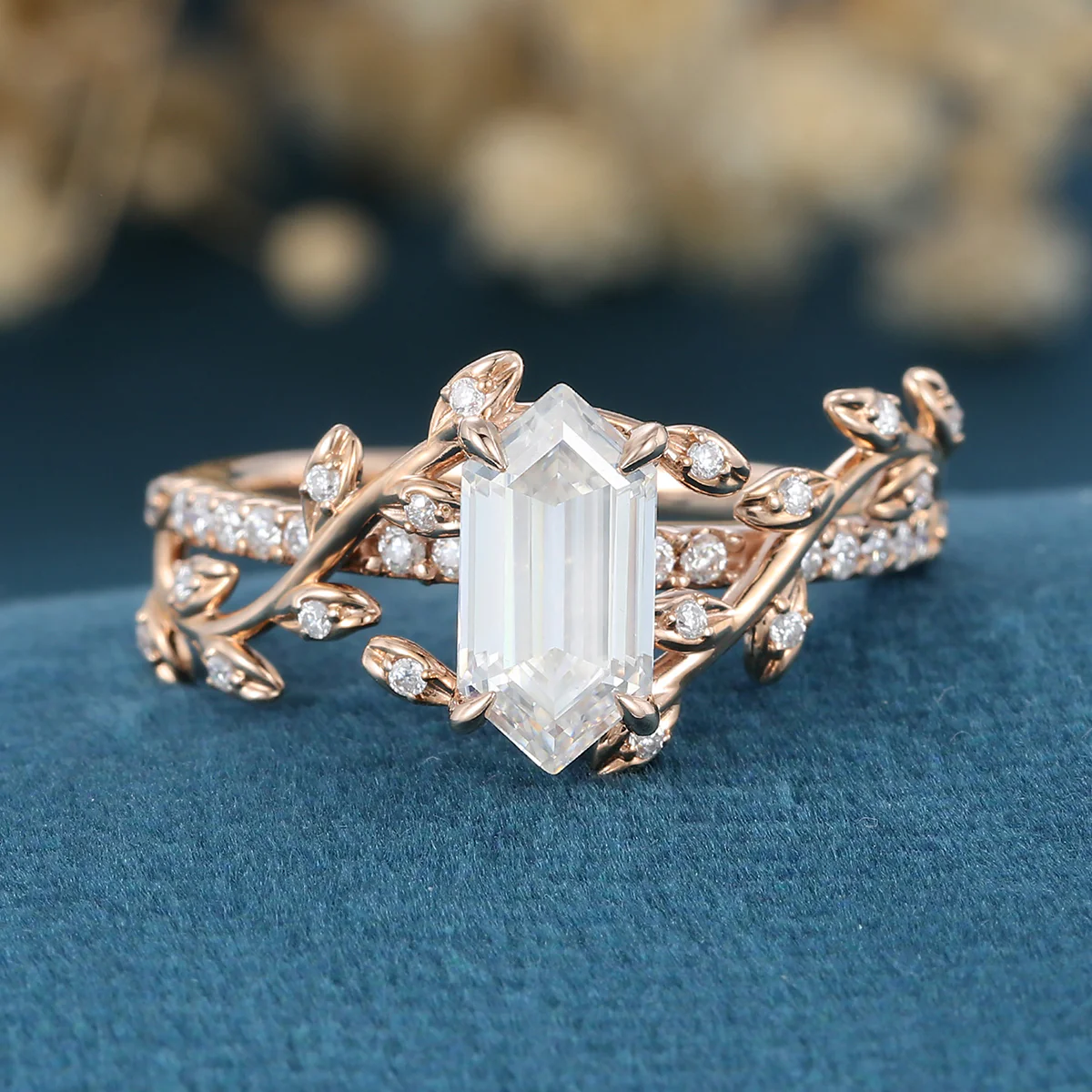 Nature Inspired Long Hexagon cut Moissanite Leaf Gold Engagement Ring - Image 3