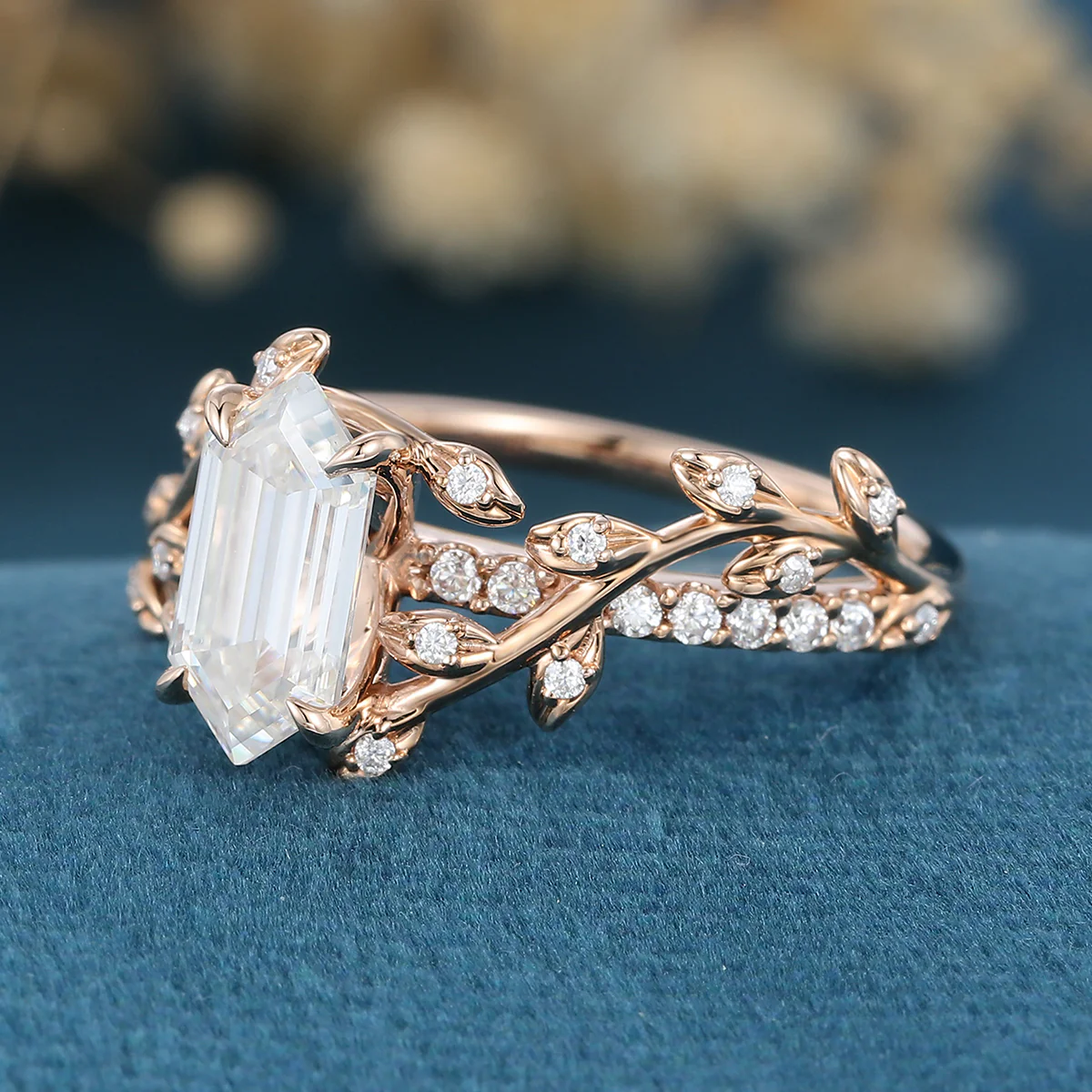 Nature Inspired Long Hexagon cut Moissanite Leaf Gold Engagement Ring - Image 4