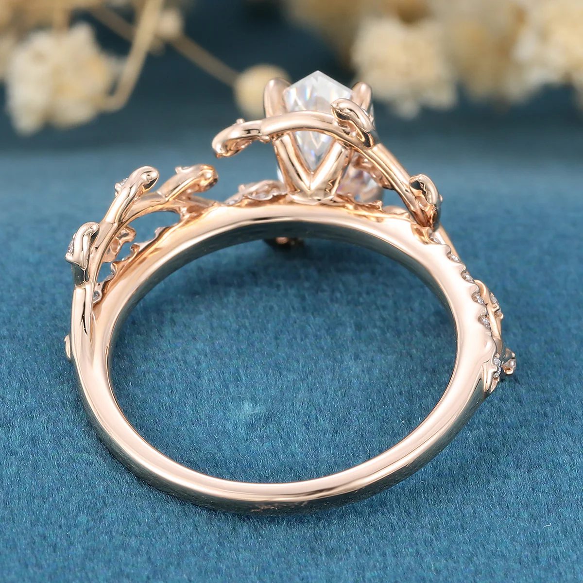 Nature Inspired Long Hexagon cut Moissanite Leaf Gold Engagement Ring - Image 5