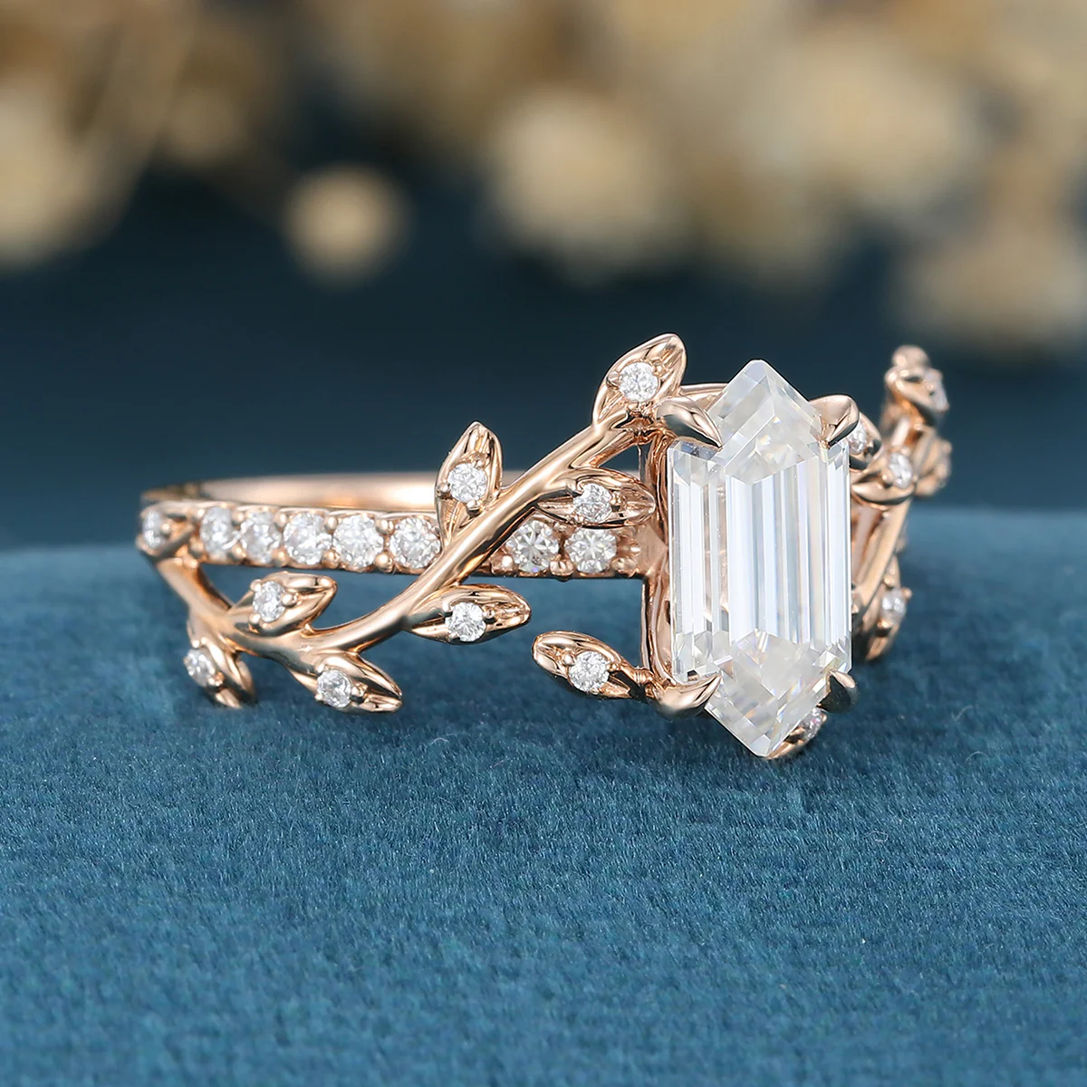 Nature Inspired Long Hexagon cut Moissanite Leaf Gold Engagement Ring - Image 6