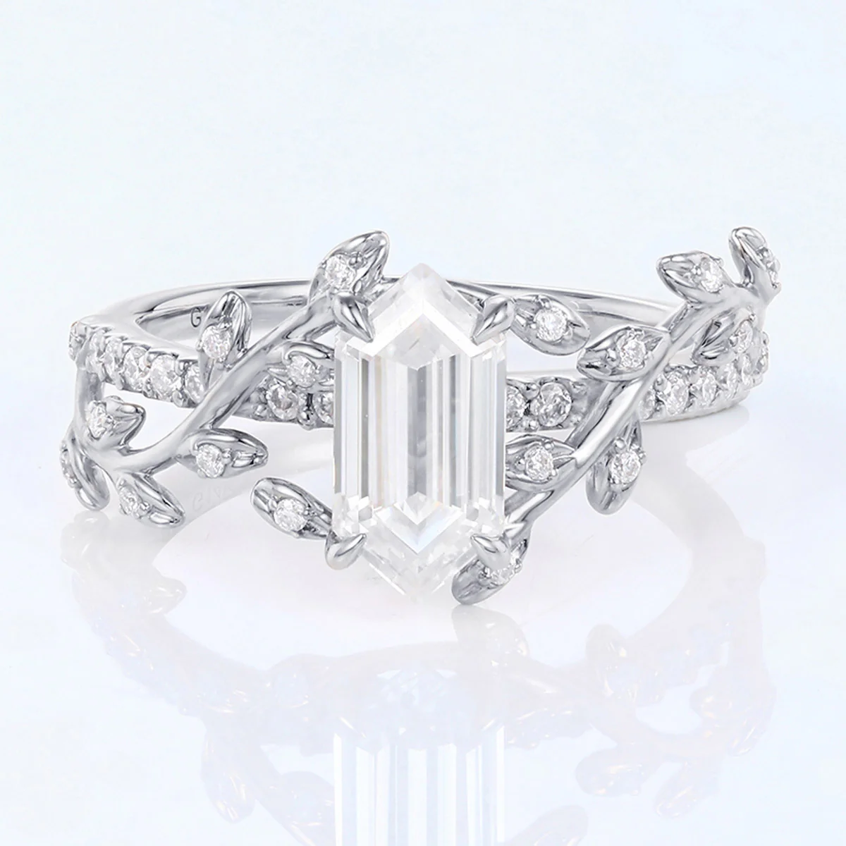 Nature Inspired Long Hexagon cut Moissanite Leaf Gold Engagement Ring - Image 7