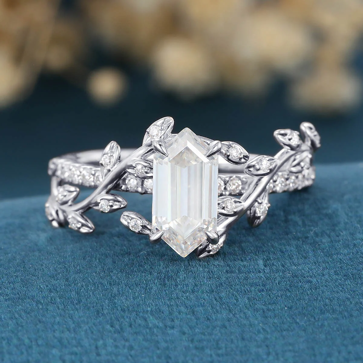 Nature Inspired Long Hexagon cut Moissanite Leaf Gold Engagement Ring - Image 8