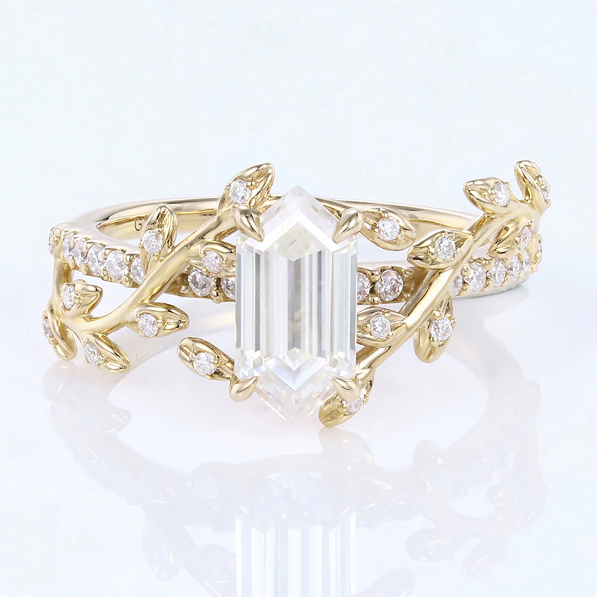 Nature Inspired Long Hexagon cut Moissanite Leaf Gold Engagement Ring - Image 9