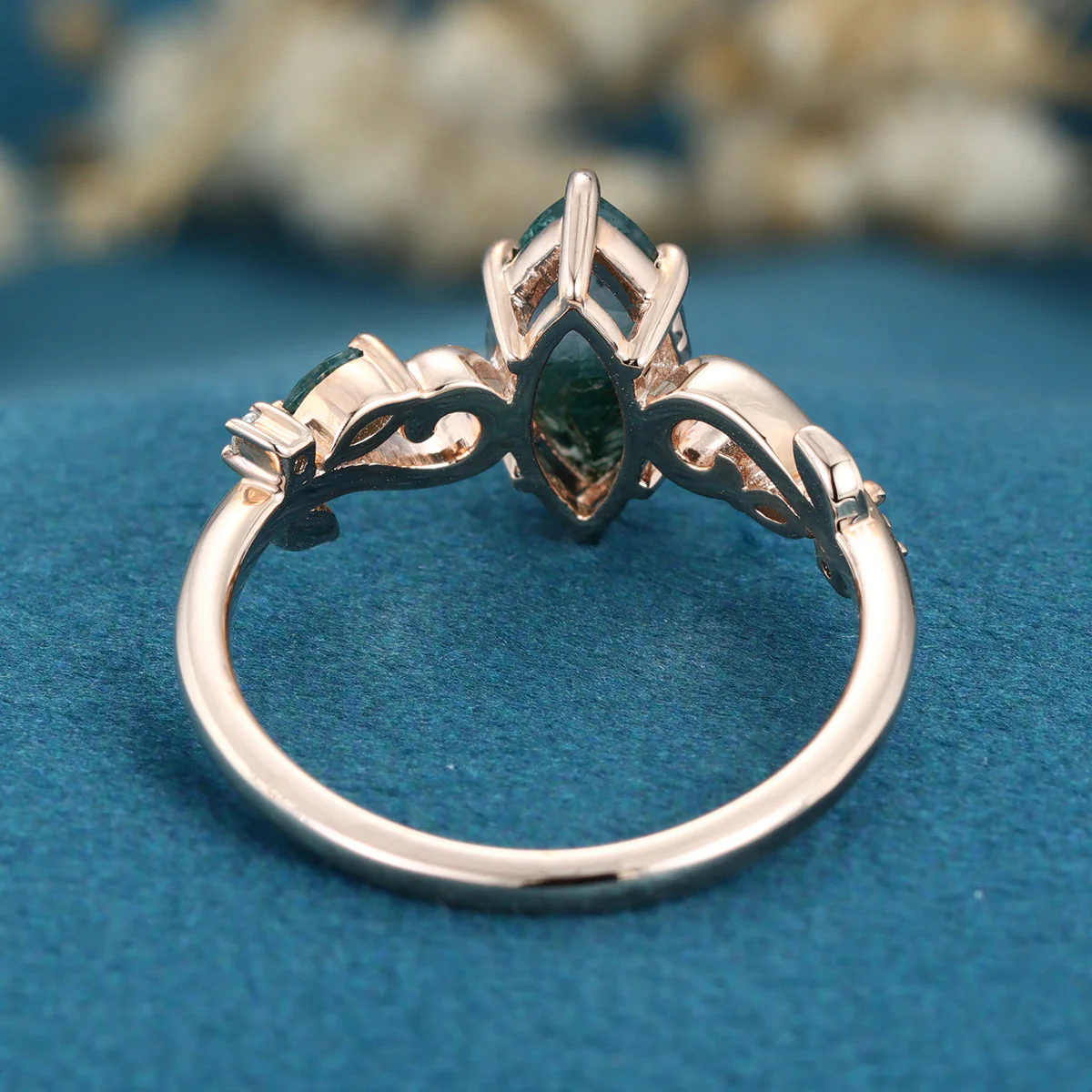 Nature Inspired Marquise cut Moss Agate Solid Gold Engagement Ring - Image 5